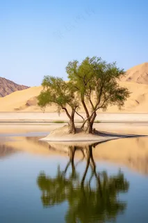 沙漠绿洲湖水倒影的大树摄影图