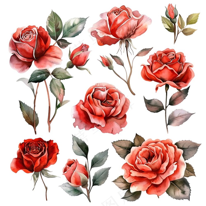 玫瑰花植物花朵水彩插画免抠(1024x1024)