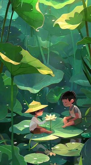 夏天池塘荷叶荷花下的儿童嬉水玩耍小清新绿色立夏小暑大暑夏至卡通插画背景