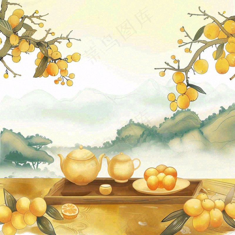秋天果树杏树下茶壶饮茶卡通插画立秋秋分背景