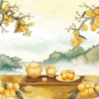 秋天果树杏树下茶壶饮茶卡通插画立秋秋分背景