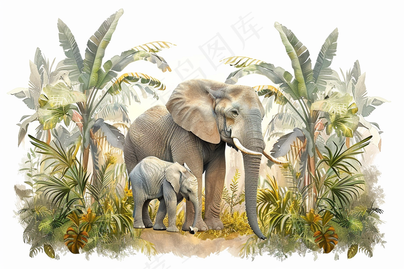 an elephant and her baby in the jungle, a digital rendering by Pamela Drew, shutterstock, art deco, african elephants in the jungle, jungle scene, elephants (4032x2688)