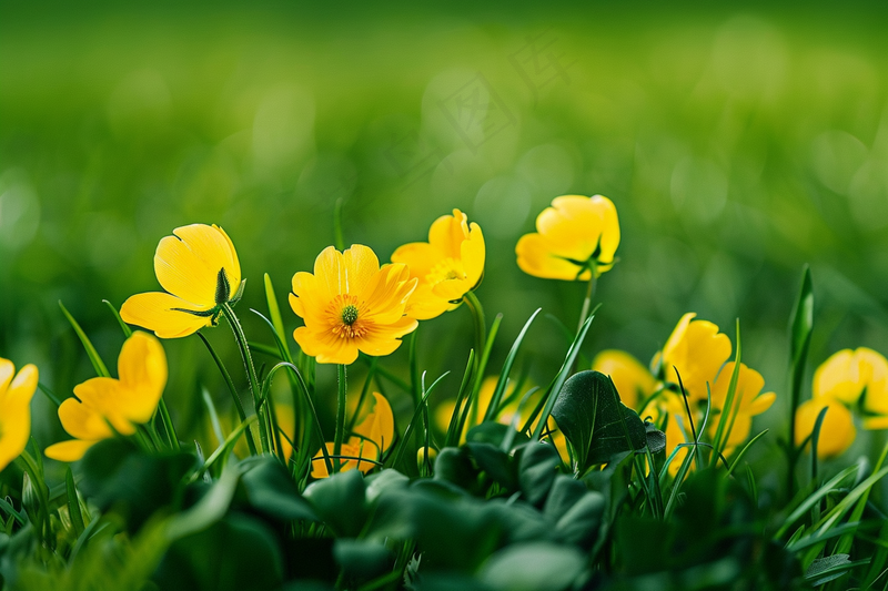 春天黄色小花朵绿色草丛摄影图