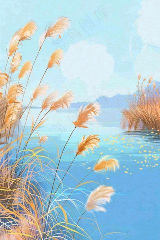 水彩芦苇荡山水画古风中国风白露插画寒露处暑背景