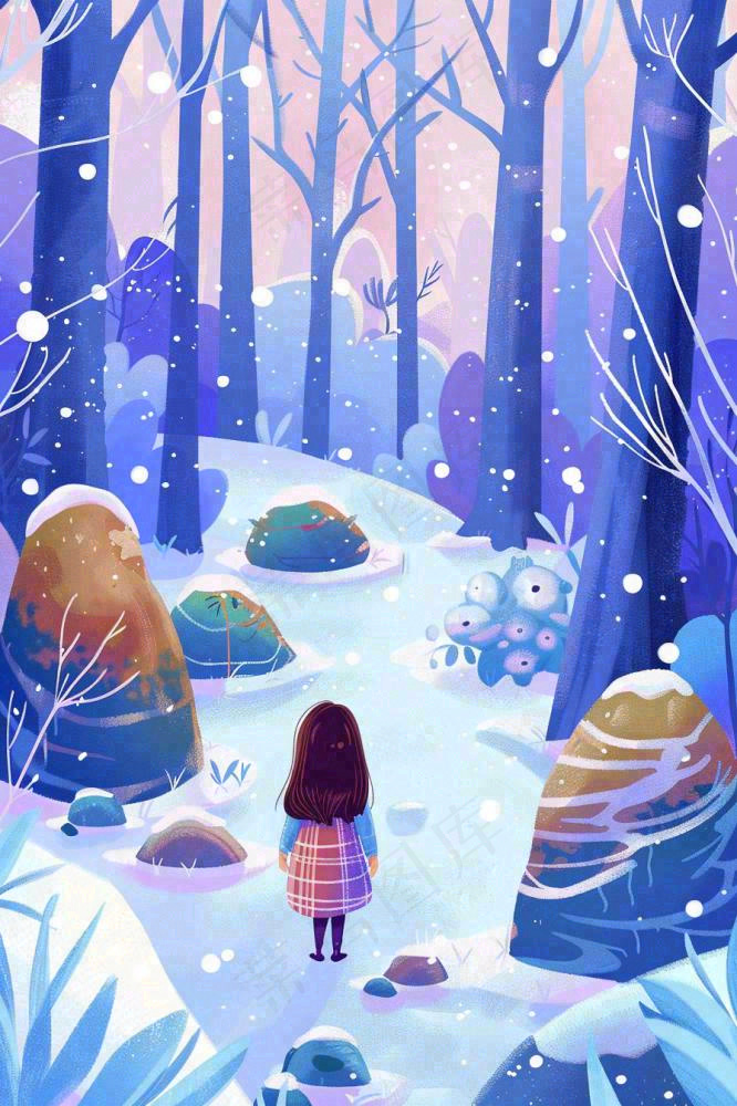 冬天女孩走进白雪下的森林紫色冬至大雪卡通插画背景(896x1344)