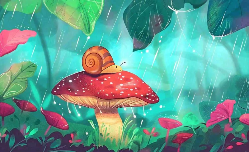 春天雨水蘑菇上的蜗牛森林惊蛰谷雨插画背景(1408x864)