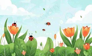 惊蛰雨水谷雨春天二十四节气卡通手绘插画瓢虫昆虫复苏绿色花草卡卡通插画背景