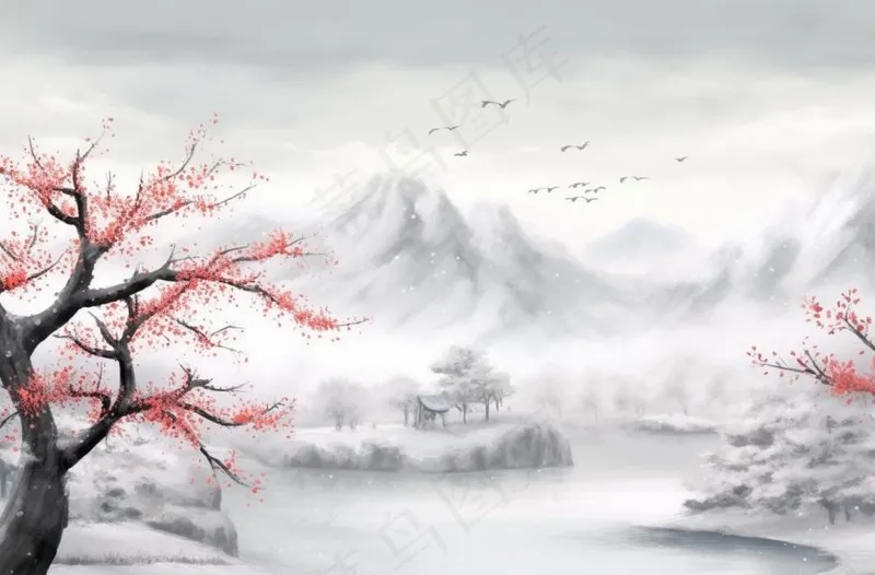 冬季山水梅花山峰水墨画中国风插画背景(1360x896)