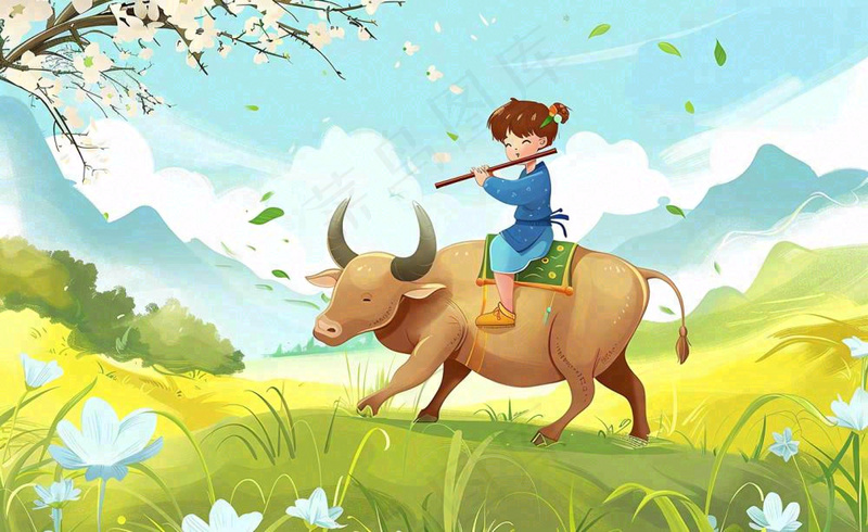 春天孩童放牛吹笛草地花丛出游清明时节卡通插画背景(1408x864)