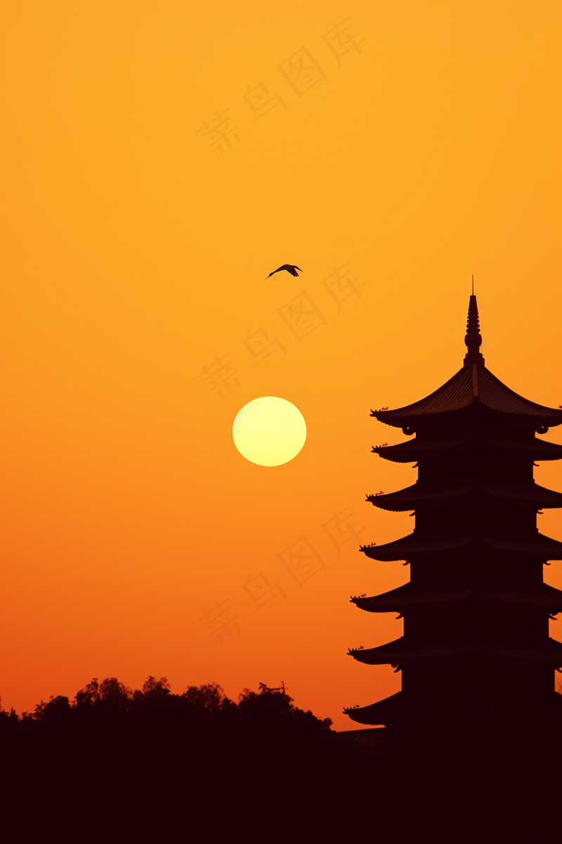 夏阳落日下的古塔大雁飞过晚霞余晖摄影图(2688x4032)