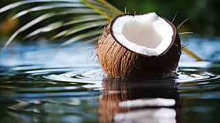 夏日椰子掉落水面摄影图