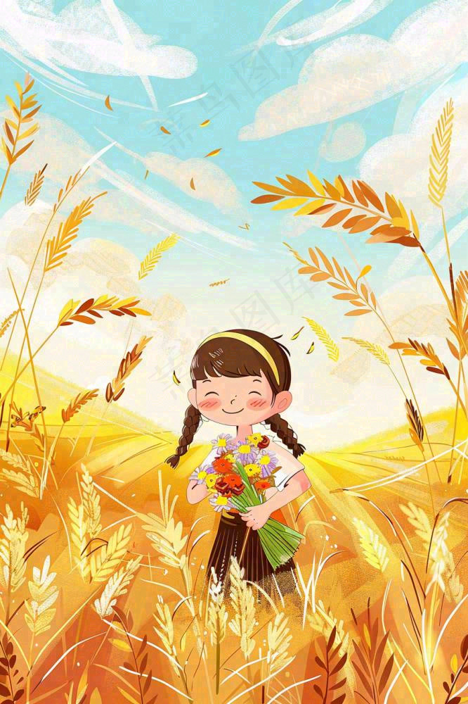 秋意浓丰收季女孩农场采收大雁芒种立秋秋分插画背景(896x1344)