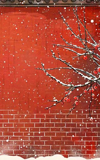 红色宫墙高处梅花枝条小雪大雪冬至古风中国风插画背景