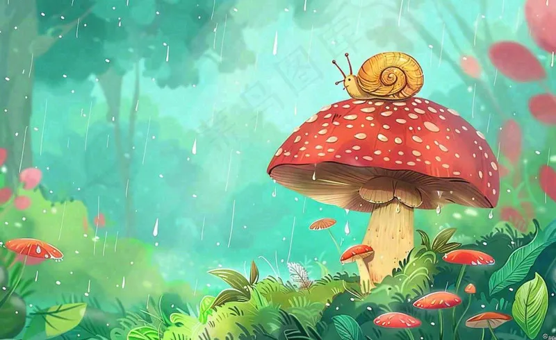 春天雨水蘑菇上的蜗牛森林惊蛰谷雨插画背景(1408x864)
