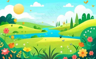 春天插画立春节气郊游遇见春天你好春天花草春风旅游草地风景扁平画背景