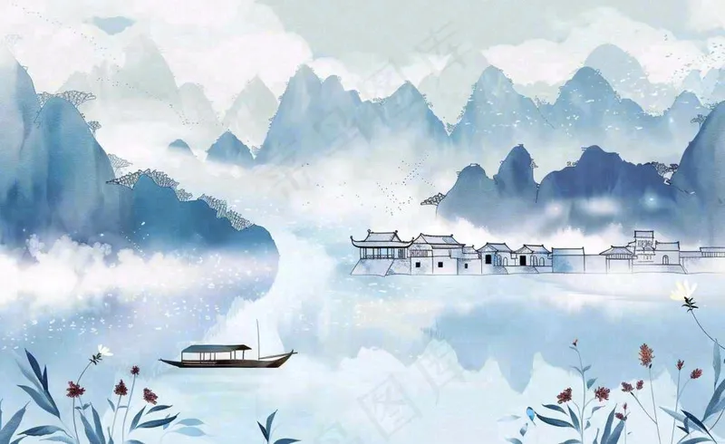 水墨山水江南水乡屋檐白露寒露冷清插画背景(1408x864)