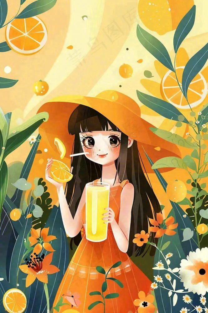 夏天喝橙汁的女孩橘黄色度假风鲜花花丛清凉解暑立夏大暑小暑夏至卡通插画背景(896x1344)