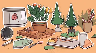 户外工具植物盆栽卡通插画素材