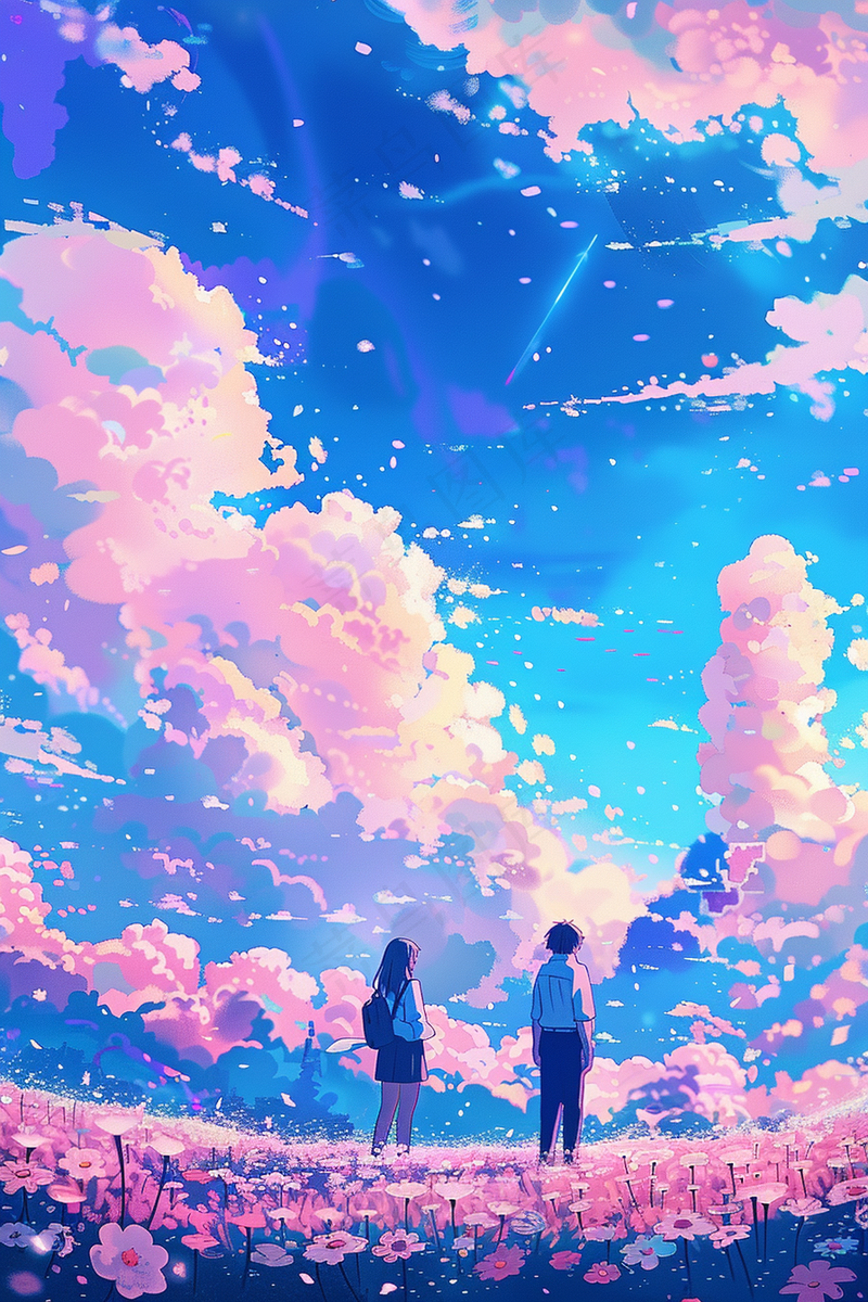 天空之境粉紫天空花海里的少女少年插画背景(2688x4032)