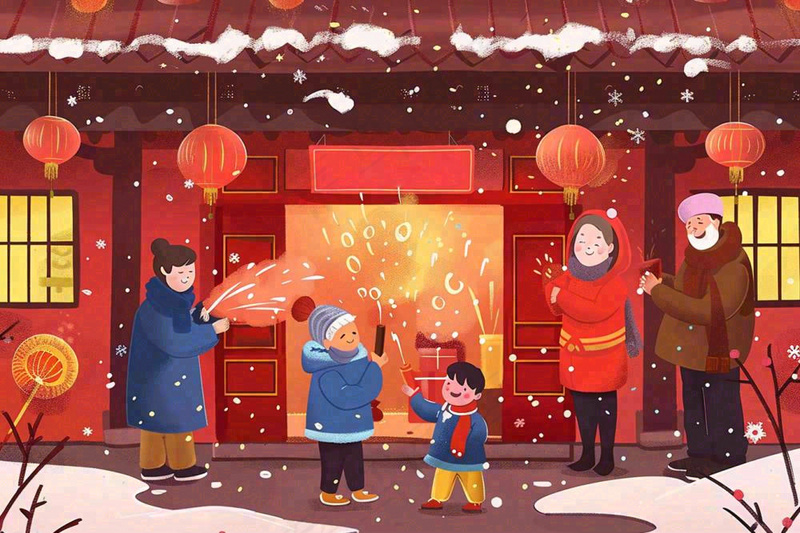 卡通新年全家放烟花鞭炮团聚喜庆春节插画过年喜庆小年除夕夜元宵背景