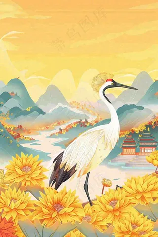 国潮风金秋菊花山水丹顶鹤中秋重阳节中国风插画背景