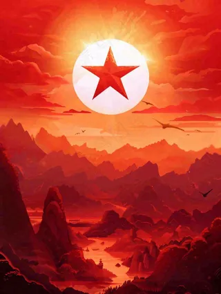 红色党建祖国山河剪影五角星城市旗帜建军建党油画插画背景