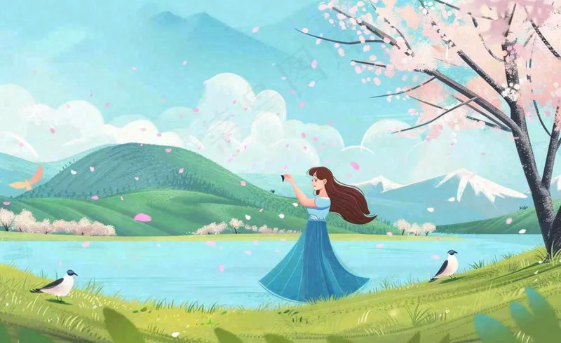 唯美治愈春天女孩踏青旅游立春春分惊蛰卡通插画背景(1408x864)