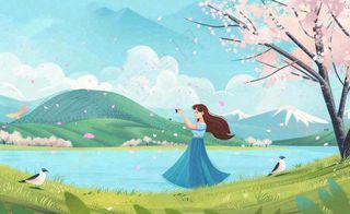 唯美治愈春天女孩踏青旅游立春春分惊蛰卡通插画背景