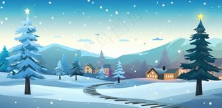 冬季雪天圣诞小镇装饰夜晚节日氛围卡通插画背景