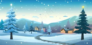冬季雪天圣诞小镇装饰夜晚节日氛围卡通插画背景