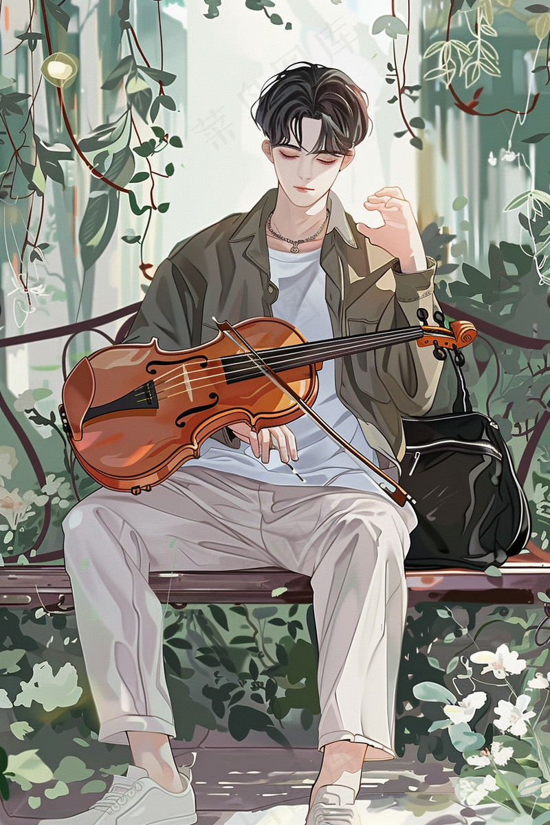 花丛绿叶下的吉他小提琴少年插画背景(2688x4032)