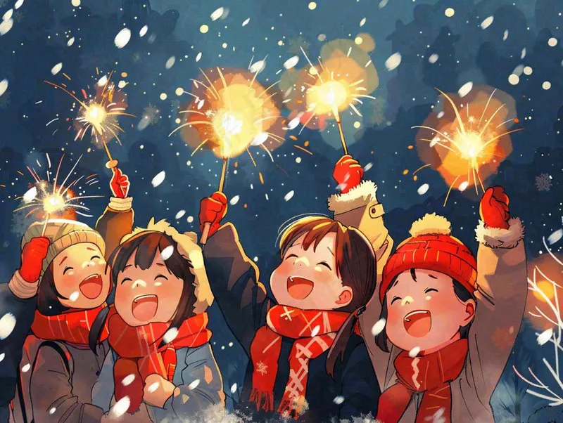 孩童儿童一起放烟花场景开心热闹庆祝新年春节小年除夕夜卡通插画背景(1232x928)