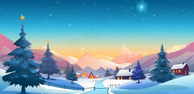 冬季雪天圣诞小镇装饰夜晚节日氛围卡通插画背景(1568x768)