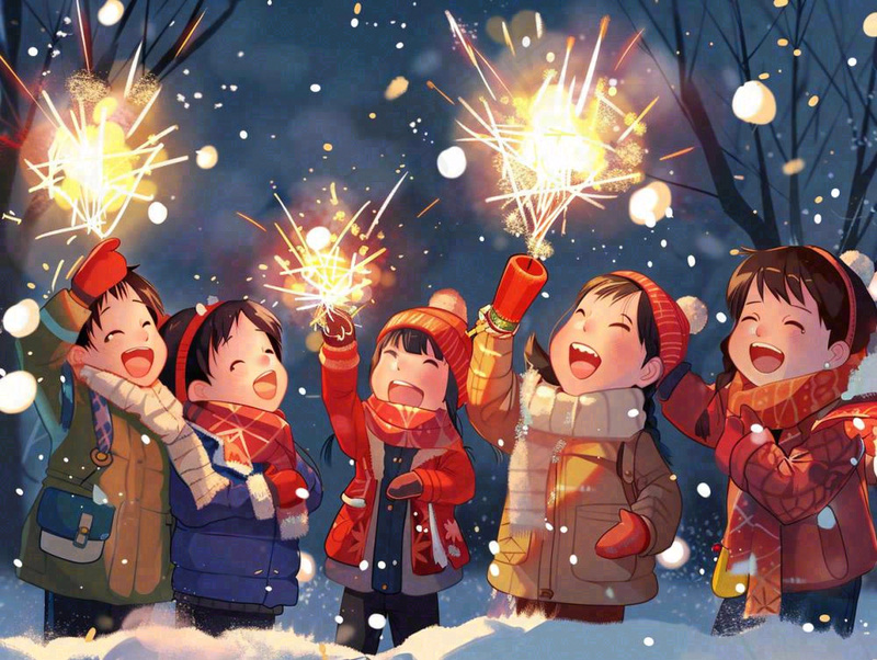 孩童儿童一起放烟花场景开心热闹庆祝新年春节小年除夕夜卡通插画背景