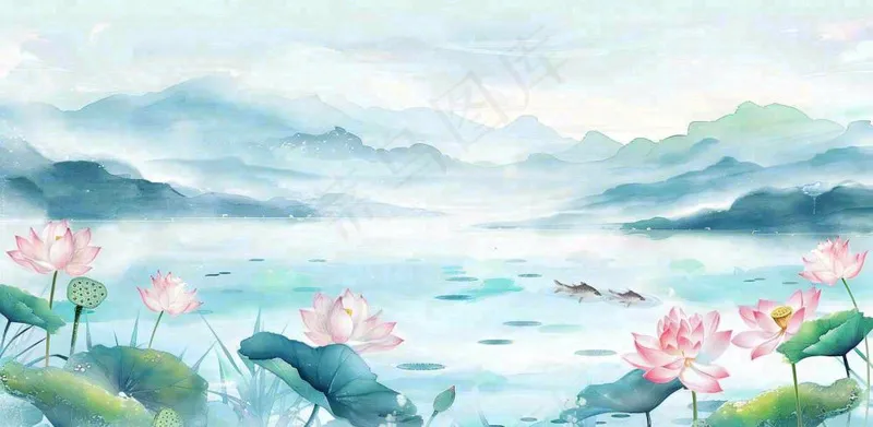 夏天水墨画山水荷花莲花蓝色插画立夏夏至大暑背景(1568x768)