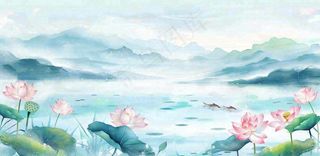 夏天水墨画山水荷花莲花蓝色插画立夏夏至大暑背景