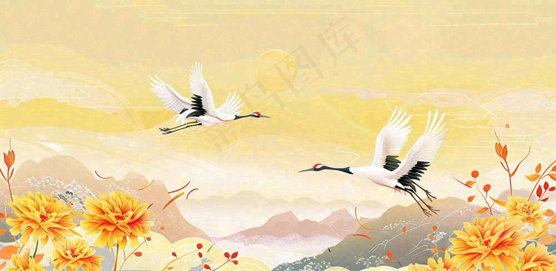 国潮风重阳菊花仙鹤山水场景插画中秋背景