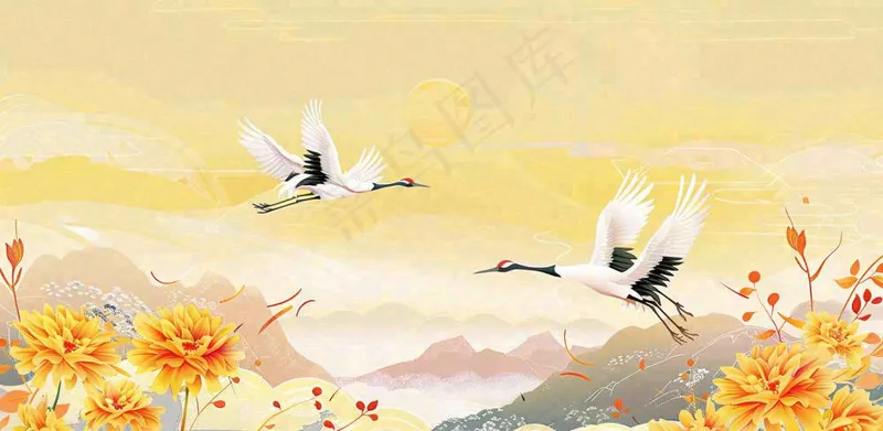 国潮风重阳菊花仙鹤山水场景插画中秋背景(1568x768)