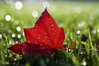 秋天草地上掉落的红叶露水水珠摄影图