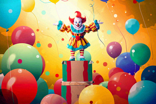 小丑搞怪马戏团游乐园愚人节气球彩带庆祝卡通插画背景