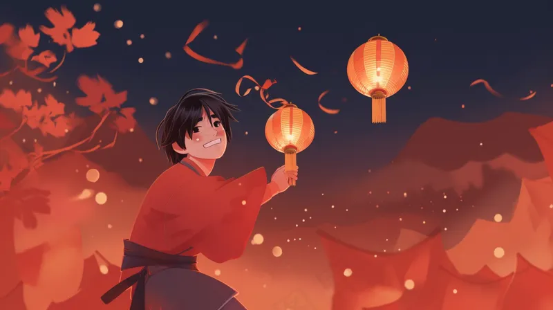 新年春节放灯笼红色喜庆祈福卡通插画背景(4368x2448)