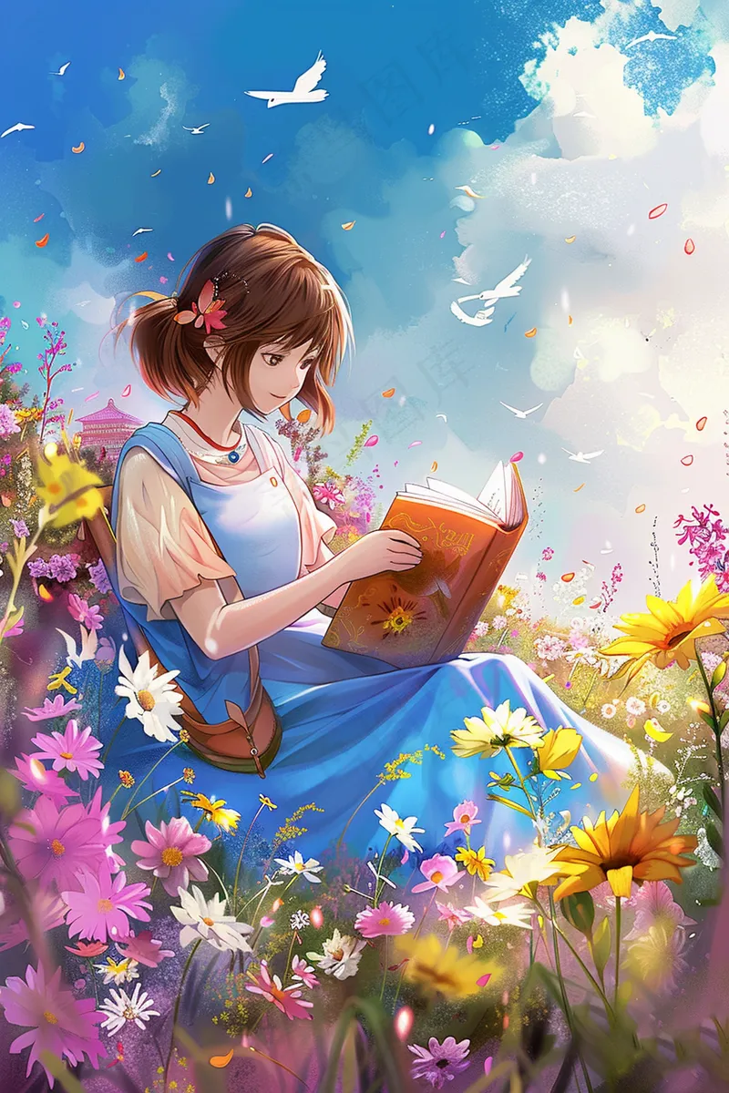 紫色花丛中的少女阅读书本烂漫插画背景(2688x4032)
