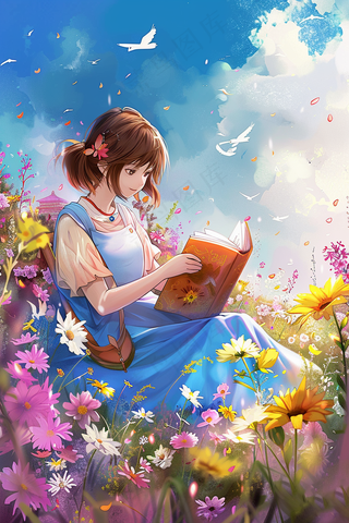 紫色花丛中的少女阅读书本烂漫插画背景