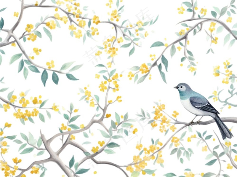 站在树上的鸟黄花卡通插画免抠