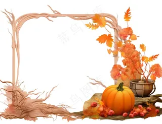 秋季南瓜作物枫叶边框感恩节黄色卡通插画免抠