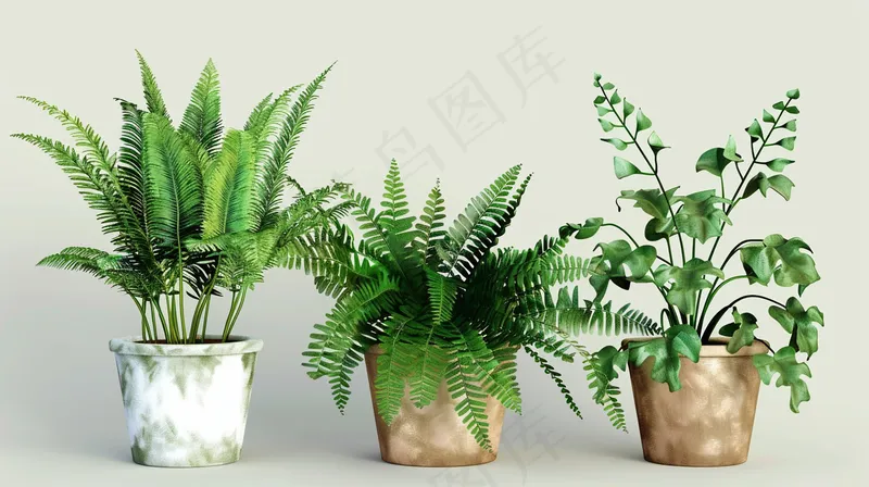 a group of three potted plants sitting next to each other, a digital rendering by Carey Morris, pixabay, fine art, ferns, fern, verdant plants (4368x2448)
