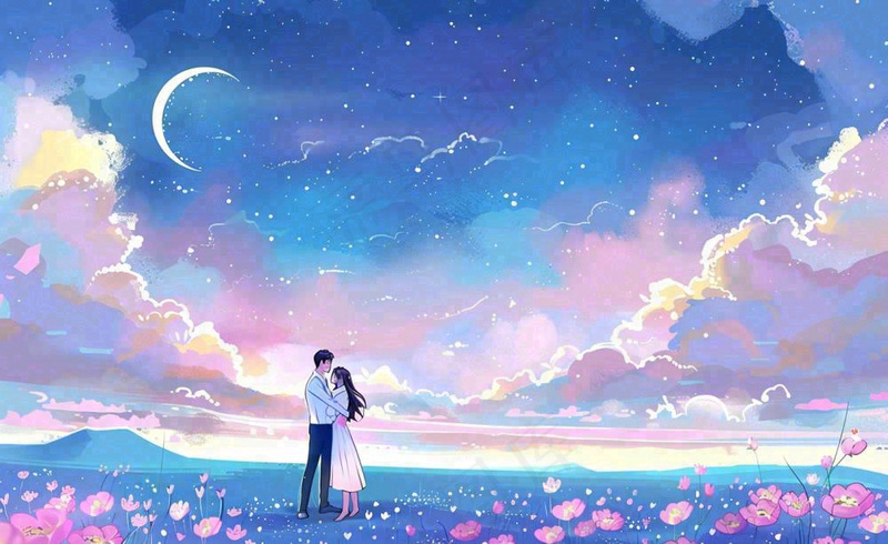 浪漫夜晚月光下花丛里的恋人情侣相拥梦幻场景七夕情人节卡通插画背景(1408x864)
