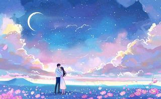 浪漫夜晚月光下花丛里的恋人情侣相拥梦幻场景七夕情人节卡通插画背景