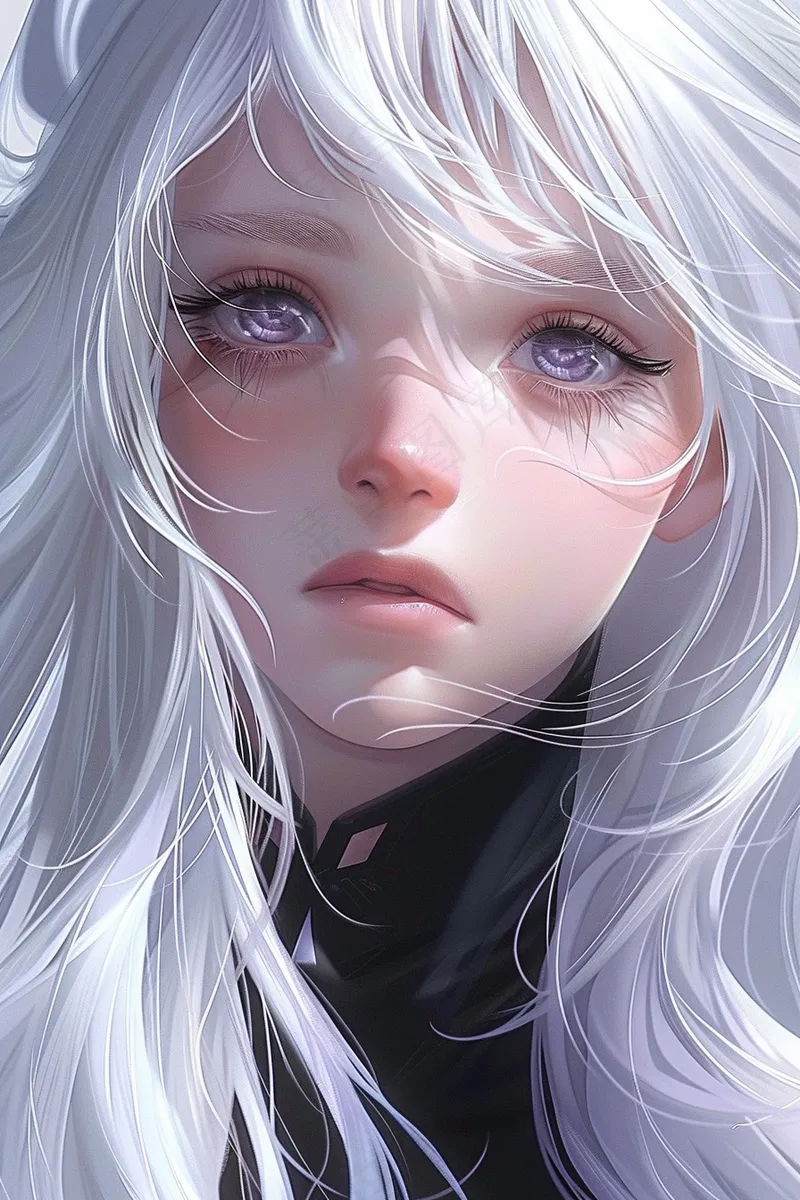 银发少女紫色眼眸立体五官动漫3d建模插画人像背景(2688x4032)