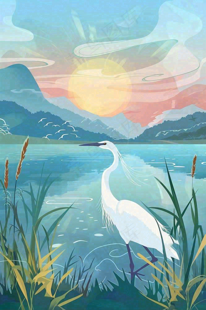 秋日芦苇荡的白鹭湖泊山水日落白露寒露插画背景(896x1344)